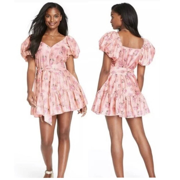 LoveShackFancy x Target Cecile Floral Satin Puff-Sleeve Mini Dress Pink Women 8 - Picture 1 of 5